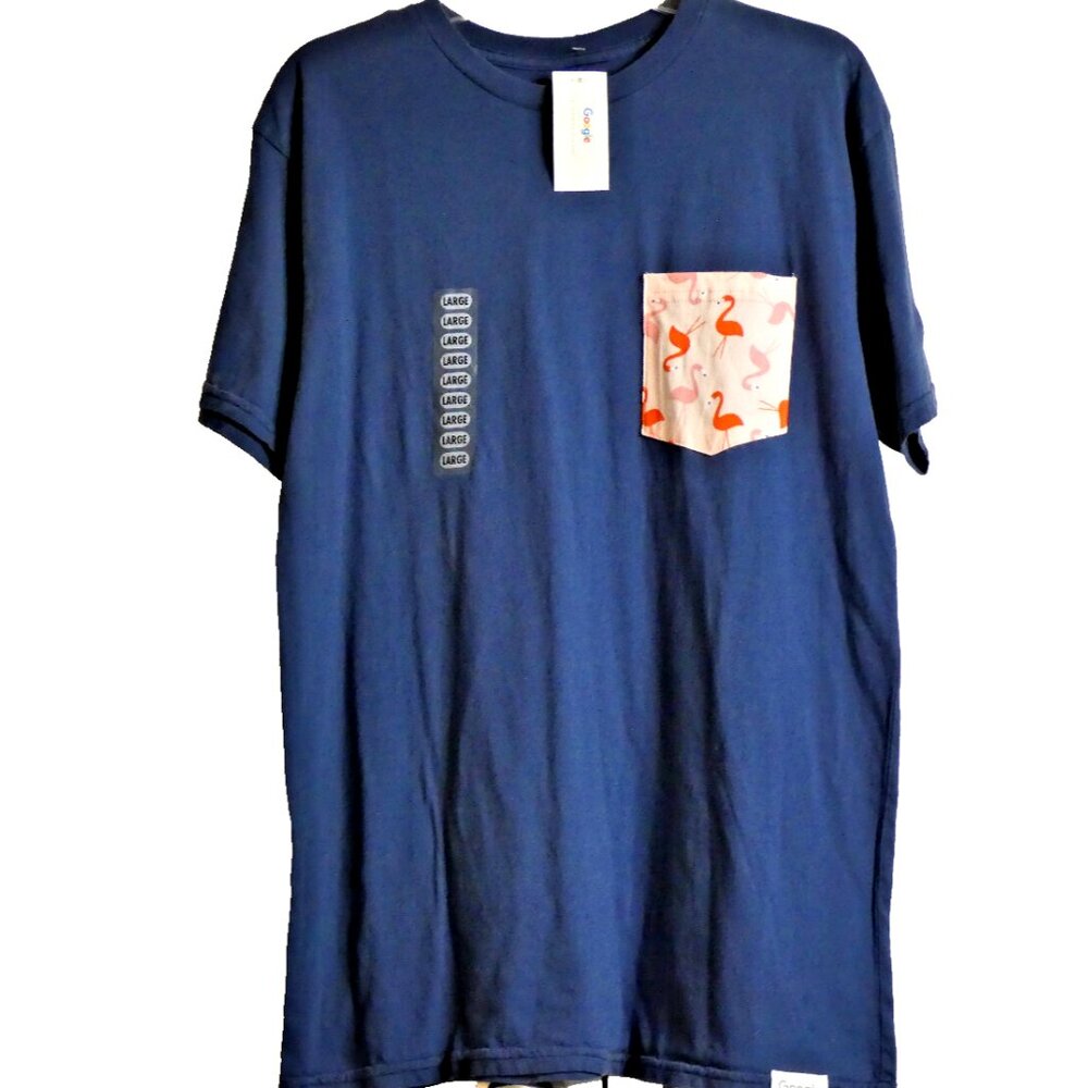 Google Blue Tshirt Womens Size L Short Sleeve 100% Cotton Top Flamingo Pocket